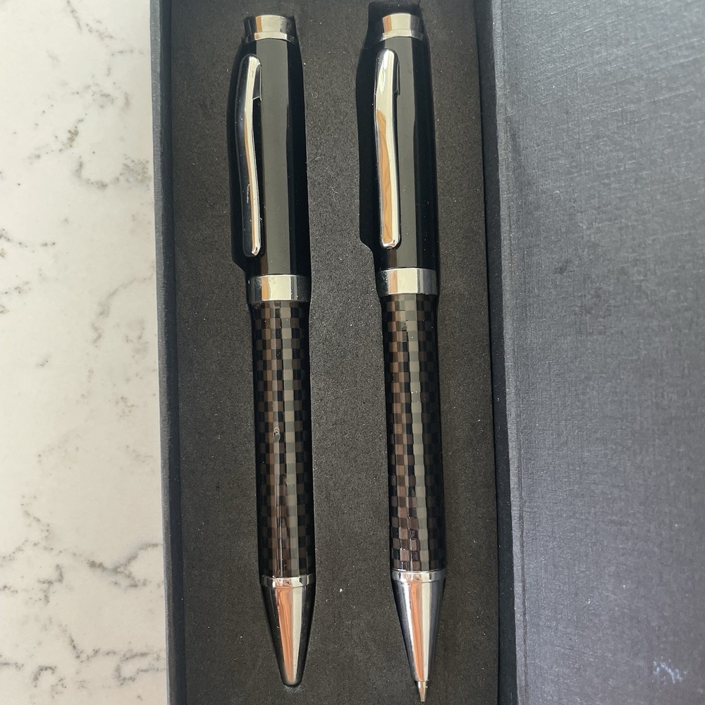 Gold Coast Checkered Push Pen Pencil Set Vintage Gift Boxed Black Gray Silver